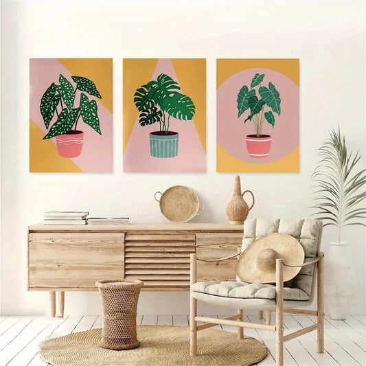 3pcs Christmas Cartoon Flower pot Modern Metal Print Ready to Hang Art