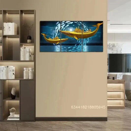 3pcs Golden Fishing Boat & School of Fish, Metal Print Ready to Hang Art