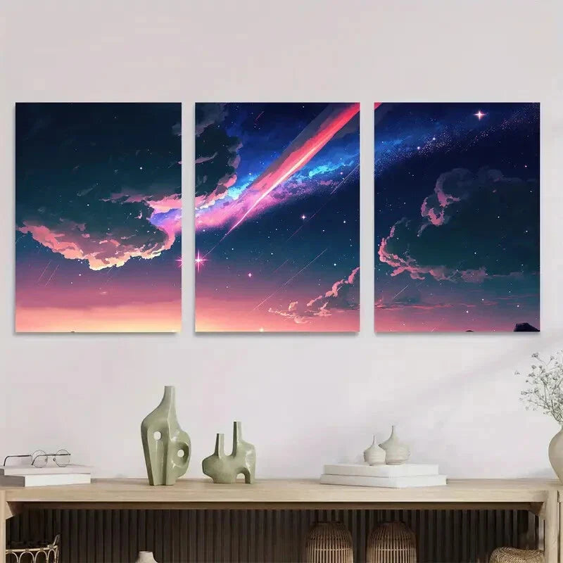 3pcs Starry Night Sky Triptych with Vibrant Cloud Metal Print Ready to Hang Art