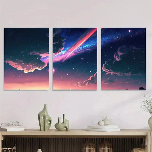 3pcs Starry Night Sky Triptych with Vibrant Cloud Metal Print Ready to Hang Art