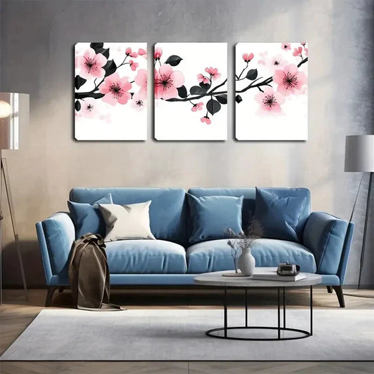 3pcs Pink Floral Design with Black Stamens Metal Print Ready to Hang Art