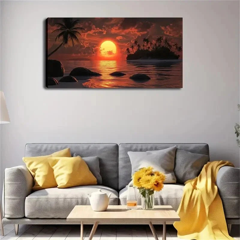Red Sunset Over The Sea Décor Wall Art Canvas Office Home Room Framed 120x60cm