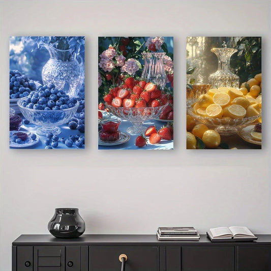 3pcs Abstract Fruit Bowl Vibrant Colorful Metal Print Ready to Hang Art