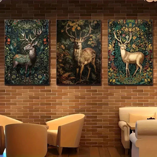 3pcs Floral and Deer Poster Vintage Animal Metal Print Ready to Hang Art
