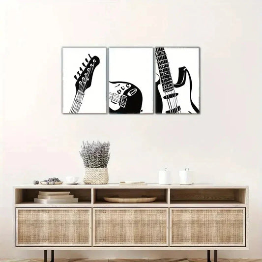 3pcs Guitar Mural Simple Black And White Art Metal Print Ready to Hang Art