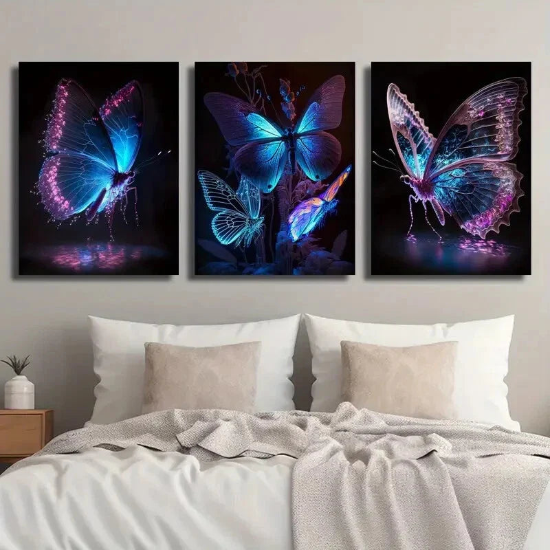 3pcs Pink Purple And Blue Butterfly Metal Print Ready to Hang Art