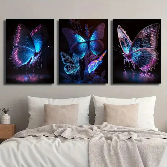 3pcs Pink Purple And Blue Butterfly Metal Print Ready to Hang Art