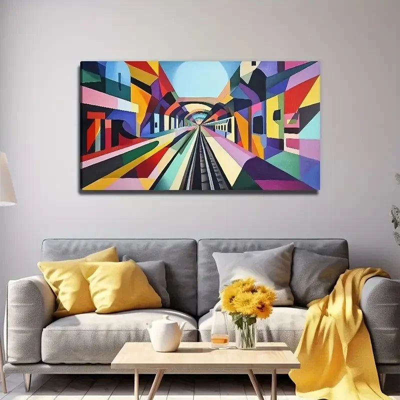 Modern Abstract Train Tracks Wall Art Canvas Office Home Room Framed 80x45cm