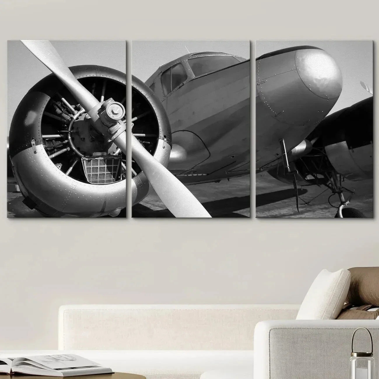 3pcs Black & White Vintage Airplane Skylines Metal Print Ready to Hang Art