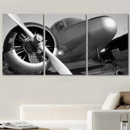 3pcs Black & White Vintage Airplane Skylines Metal Print Ready to Hang Art