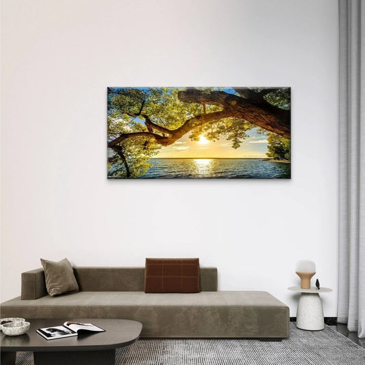Trees Sunset Ocean Abstract Wall Art Canvas Office Home Room Framed 80x45cm