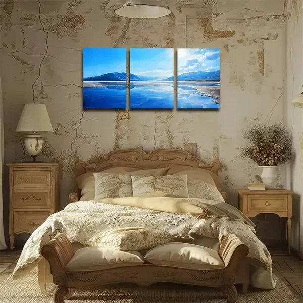 3pcs Clear Blue Skies And Lakes Wall Art Set Canvas Framed 60x90cm - High Quality Print 100% Australian Made Wall Canvas Ready to Hang