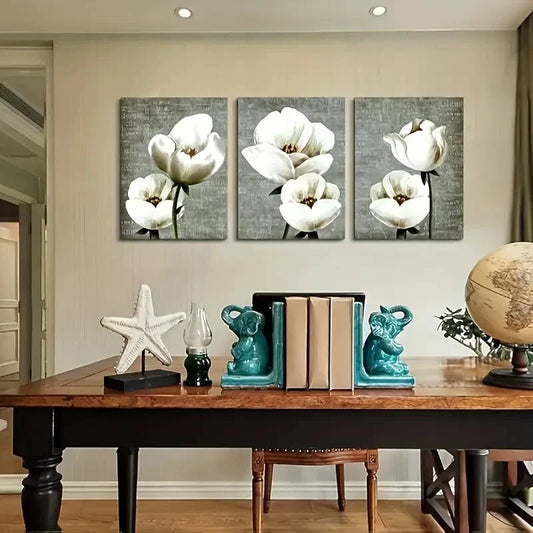3pcs Gray Green Vintage Style White Flowers  Metal Print Ready to Hang Art