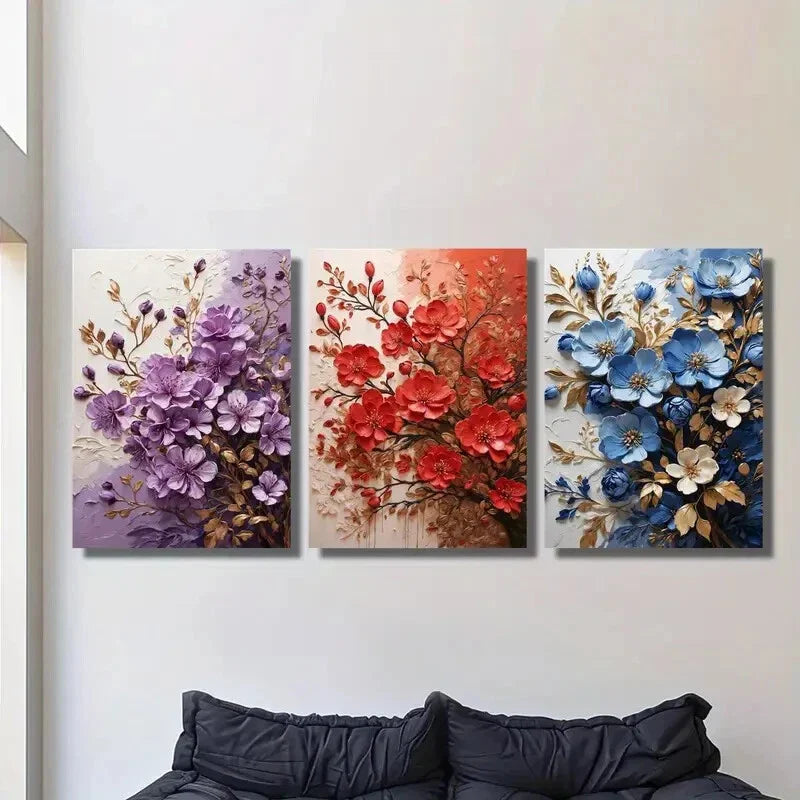3pcs flower branch art paintings, colorful flower  Metal Print Ready to Hang Art