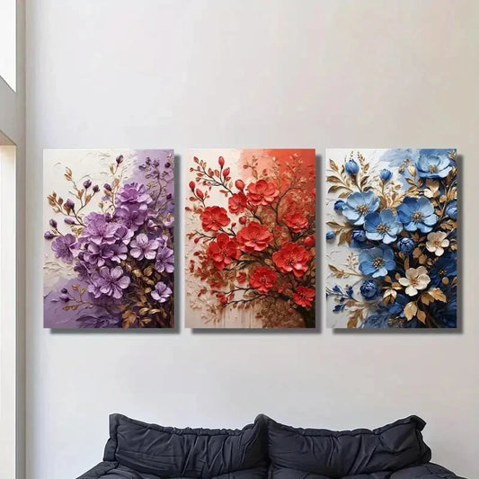 3pcs flower branch art paintings, colorful flower  Metal Print Ready to Hang Art