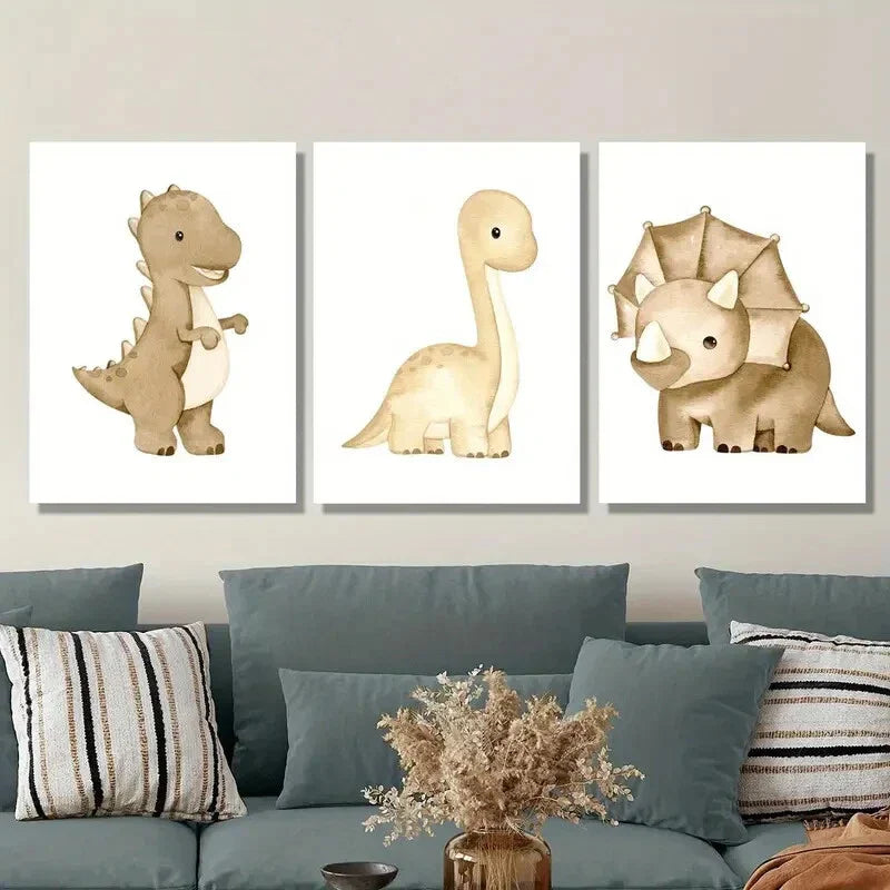 3pcs Dinosaur Cartoon Animal Themed Metal Print Ready to Hang Art