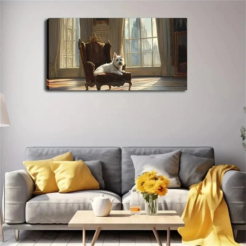 Elegant White Terrier Vintage Wall Art Canvas Office Home Room Framed 120x60cm