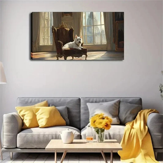 Elegant White Terrier Vintage Wall Art Canvas Office Home Room Framed 120x60cm