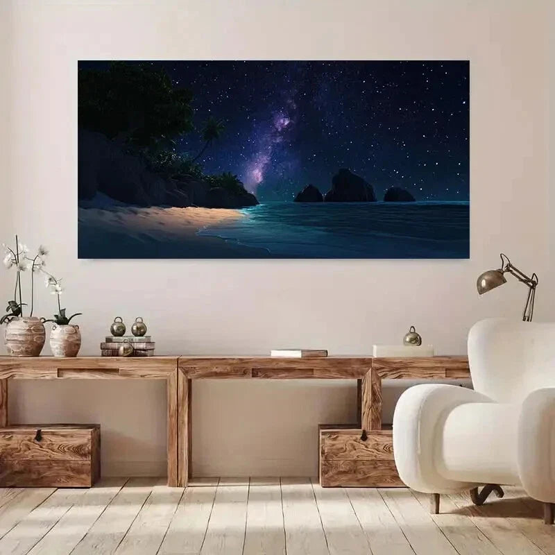 Starry Beach Night Sky wall canvas office home room framed 120x60cm