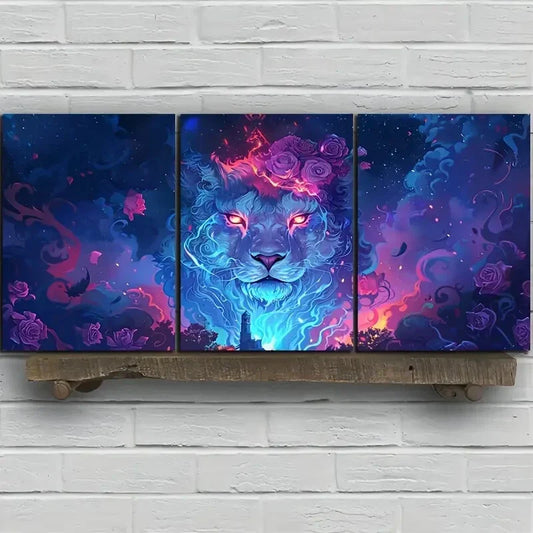 3pcs White Lion Glowing Eyes Fantasy Metal Print Ready to Hang Art