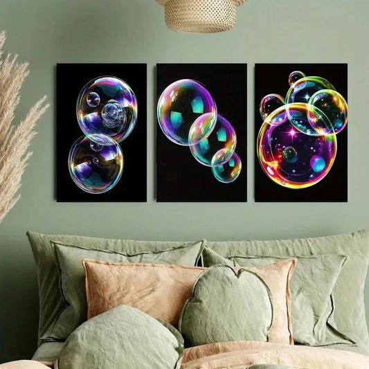 3pcs Soap Bubble Art on a Black Background Metal Print Ready to Hang Art