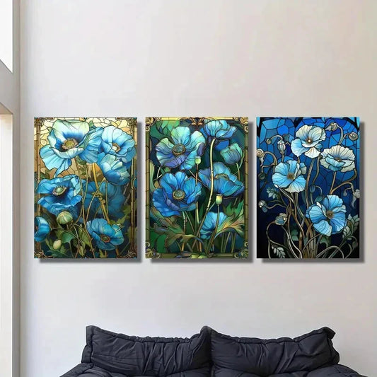3pcs Featuring Floral Designs, Stained Glass Metal Print Ready to Hang Art