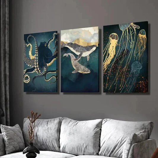 3pcs Abstract Octopus Whale Jellyfish Wall Art Set Canvas Framed 40x60cm - High Quality Print 100% Australian Made Wall Canvas Ready to Hang