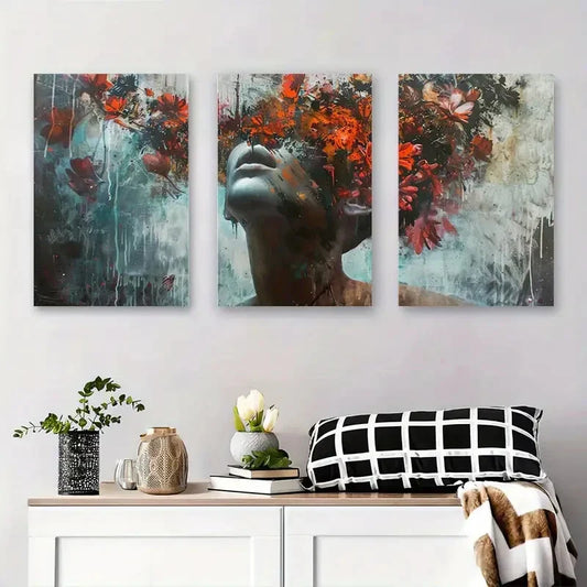 3pcs Abstract Human Face with Floral Metal Print Ready to Hang Art