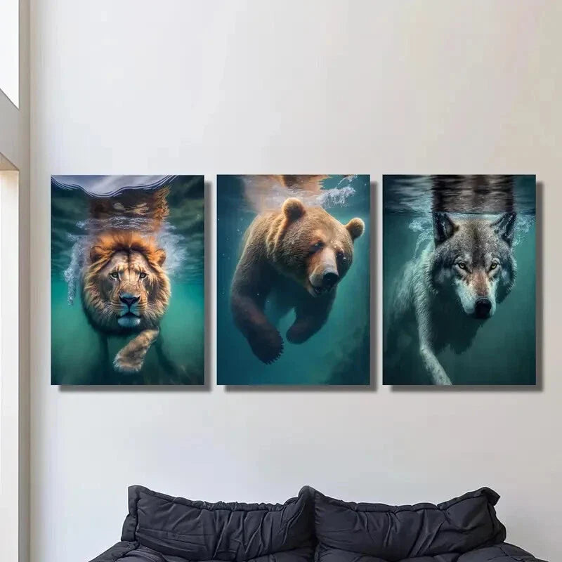 3pcs Beasts underwater, Lions, bears and wolves, Metal Print Ready to Hang Art