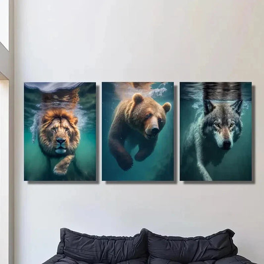 3pcs Beasts underwater, Lions, bears and wolves, Metal Print Ready to Hang Art
