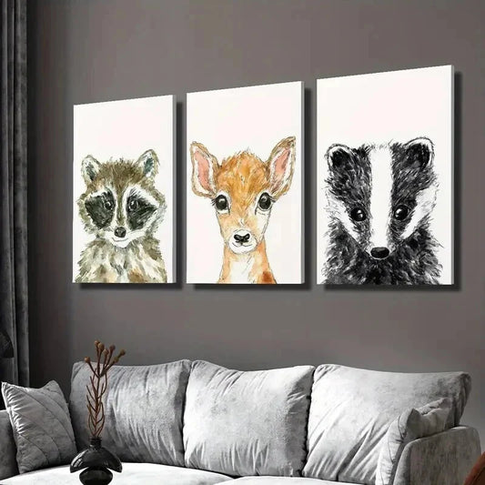 3pcs Baby Raccoon Cute Deer and Badger Wall Art Set Canvas Framed 40x60cm - High Quality Print 100% Australian Made Wall Canvas Ready to Hang