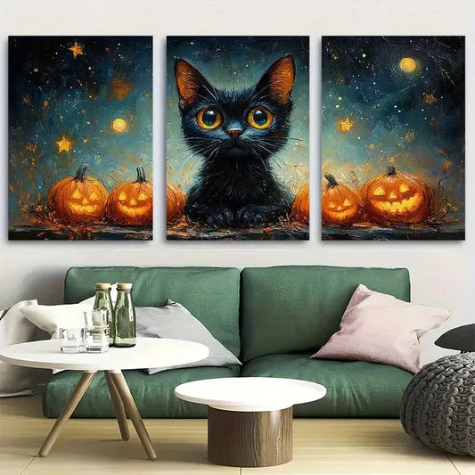 3pcs Black Cat Halloween Starry Night Metal Print Ready to Hang Art