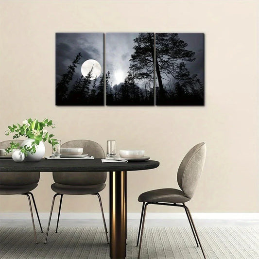 3pcs Dark Forest Night Full Moon Metal Print Ready to Hang Art