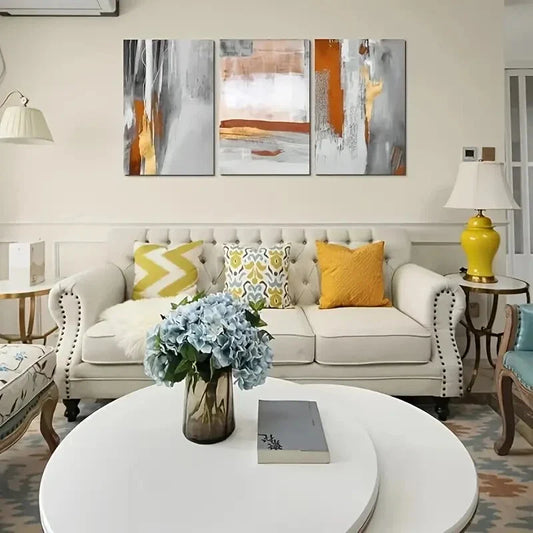 3pcs Modern Grey, Golden & Orange Metal Print Ready to Hang Art