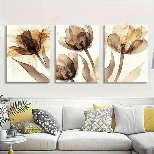 3pcs Modern Tulip Beige Floral Botanical Metal Print Ready to Hang Art
