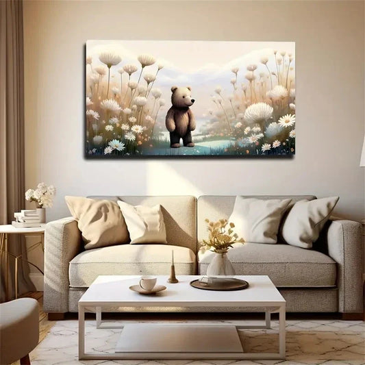 Teddy Bear In White Wildflowers Wall Art Canvas Office Home Room Framed 80x45cm