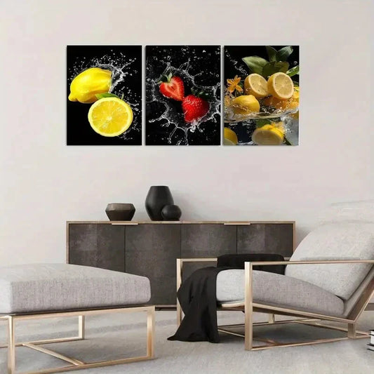 3pcs Fruit with Splash Water Metal Print Ready to Hang Art