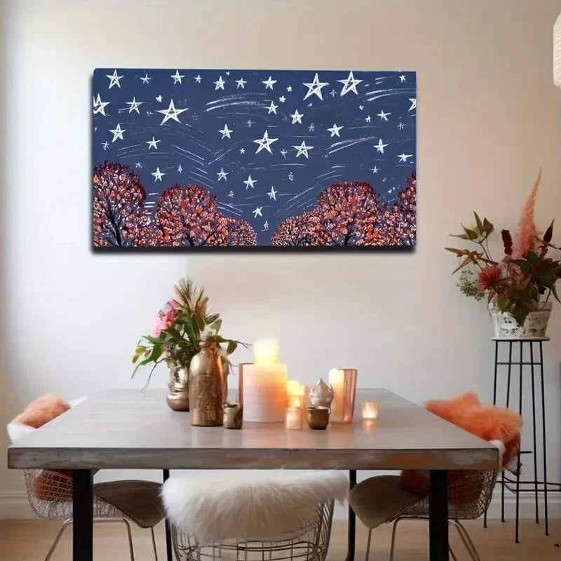 Starry Night Forest Wall Art Canvas Office Home Room Framed 80x45cm