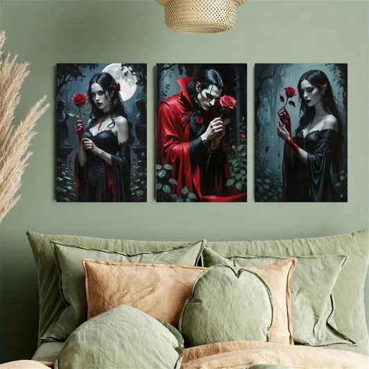 3pcs Gothic Vampire & Rose Metal Print Ready to Hang Art