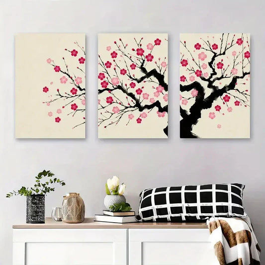 3pcs Pink Cherry Blossom Japanese Sakura Tree Metal Print Ready to Hang Art