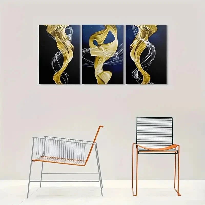 3pcs Abstract Golden Swirls on Dark Background Metal Print Ready to Hang Art