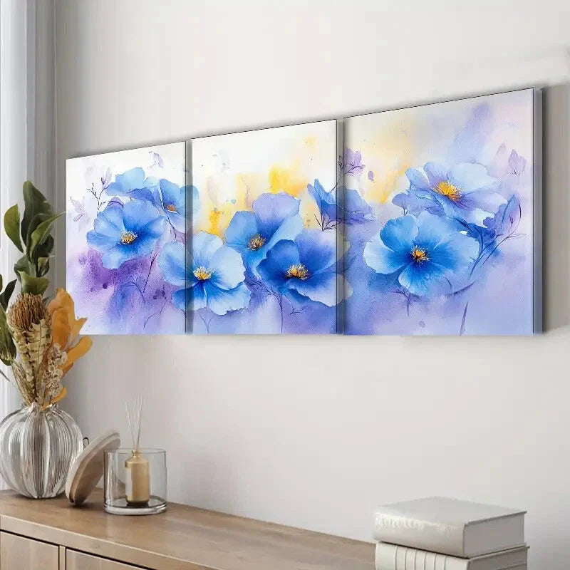 3pcs Blue Flower Colorful Floral Light Perfect Wall Art Set Canvas Framed 40x60cm - High Quality Print 100% Australian Made Wall Canvas Ready to Hang