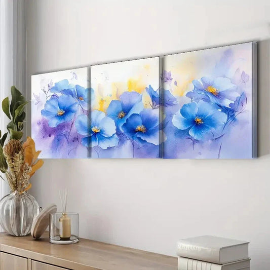 3pcs Blue Flower Colorful Floral Light Perfect Wall Art Set Canvas Framed 40x60cm - High Quality Print 100% Australian Made Wall Canvas Ready to Hang