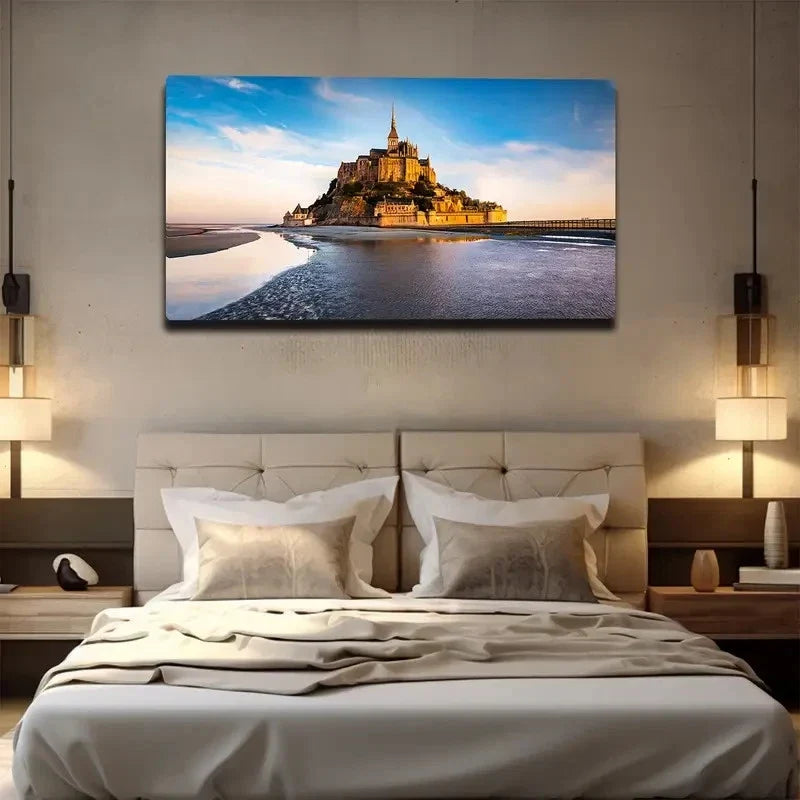 Modern Coastal Castle Wall Art Canvas Office Home Room Framed 80x45cm