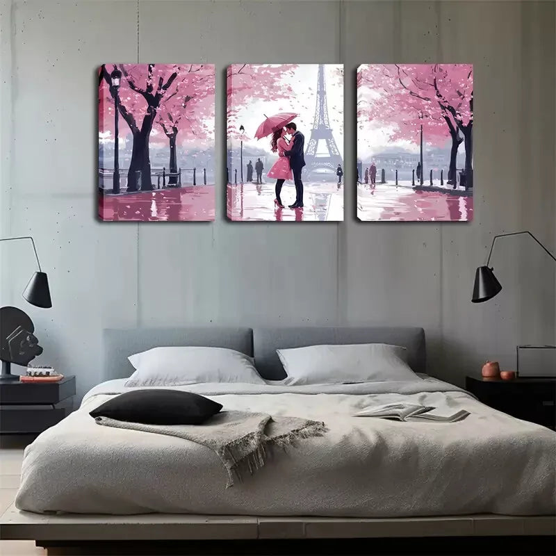 3pcs Pink Trees, Paris Tower, Lovers, Wall Art Set Canvas Framed 40x60cm - High Quality Print 100% Australian Made Wall Canvas Ready to Hang
