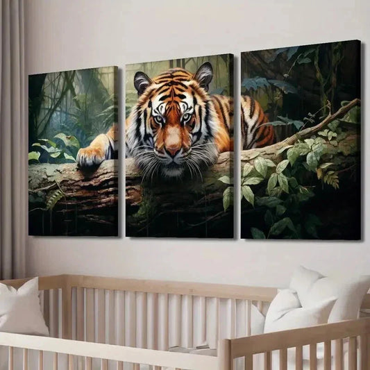 3pcs Tiger Painting in Tropical Jungle Decor Wall Art Set Canvas Framed 40x60cm - High Quality Print 100% Australian Made Wall Canvas Ready to Hang