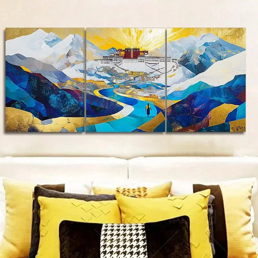 3pcs Vibrant Mountain Landscape with Golden Sunset  Metal Print Ready to Hang Art