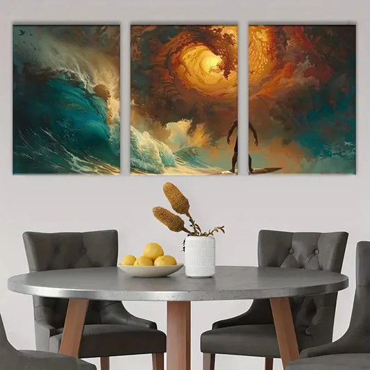3pcs Ocean Surfing Waves Blue &amp; Gold Metal Print Ready to Hang Art