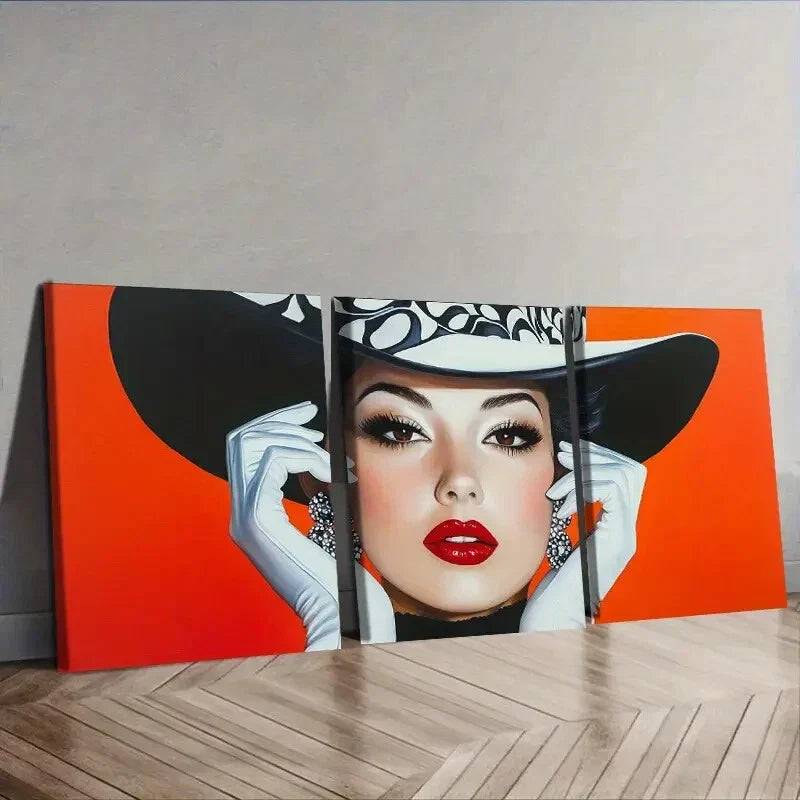 3pcs  Fashionable Woman in Black Hat, Wall Art Set Canvas Framed 40x60cm - High Quality Print 100% Australian Made Wall Canvas Ready to Hang