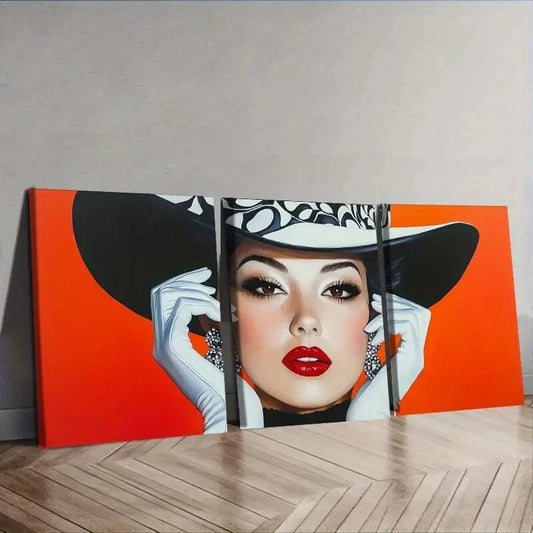 3pcs  Fashionable Woman in Black Hat, Wall Art Set Canvas Framed 40x60cm - High Quality Print 100% Australian Made Wall Canvas Ready to Hang